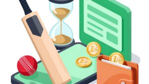 Крикетная бита и мяч рядом с цифровым кошельком и песочными часами для ставок на крикет в Ap777 Bet Br