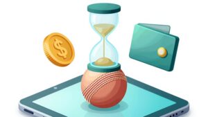 Цифровой кошелек и золотая монета рядом с крикетным мячом для оплаты ставок в Ap777 Bet Br